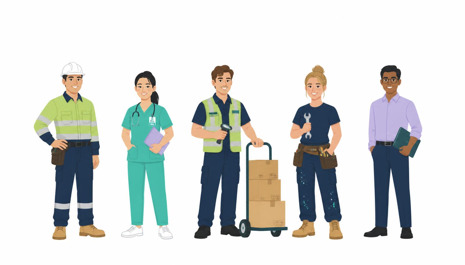 Diverse Australian workers across construction, healthcare, warehousing and office settings